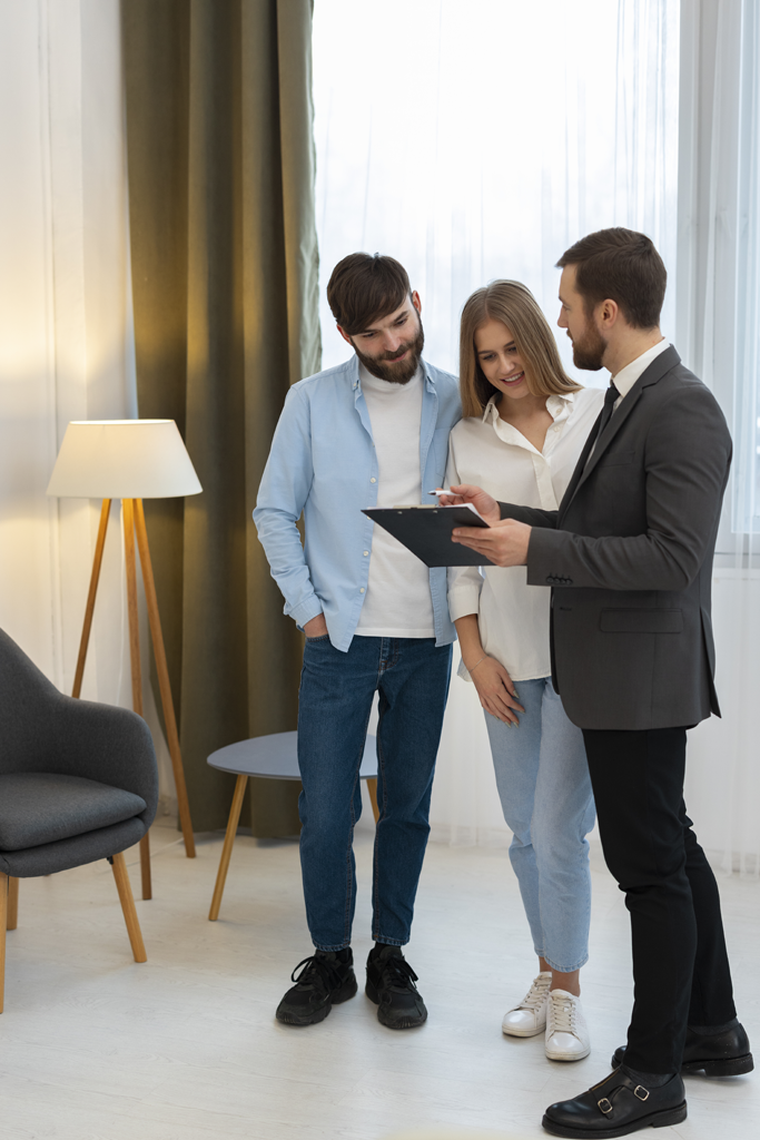 Three peoples in house,show the house plan in tablet