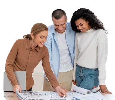 Man and two women examining architectural drawings for a house project