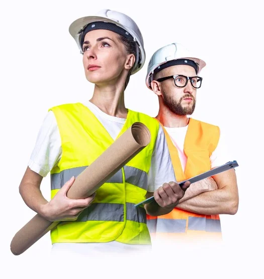 Two construction workers in high-visibility vests and hard hats, one holding rolled blueprints and the other a clipboard, looking ahead.